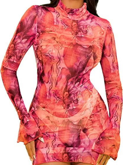 Flare Sleeve Color Printing Bodycon Dress Mini Women Clothing Turtleneck Sexy Streetwear High Waist Fashion One-Pieces Outfits