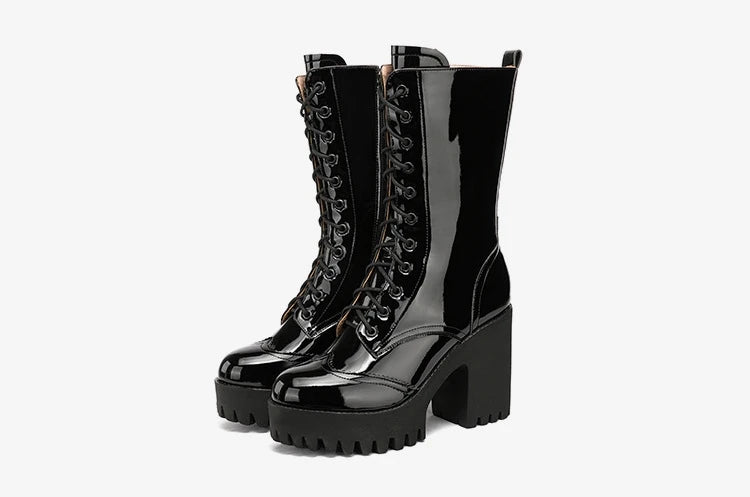 10cm Small Size 32-43 Fall Winter Genuine Leather Boots Platform Shoes 2026 Womens Block High Heels Mid Leg Boots Office Model