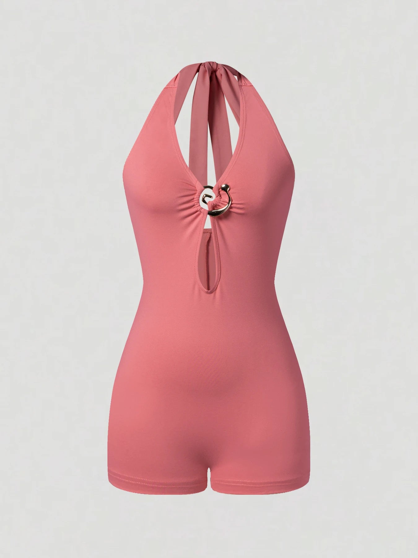 Women's Pink Halter Romper Sleeveless Cutout Metal Ring Detail Bodycon Short Jumpsuit Sexy Spring Summer Party Beachwear Romper