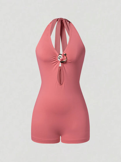 Women's Pink Halter Romper Sleeveless Cutout Metal Ring Detail Bodycon Short Jumpsuit Sexy Spring Summer Party Beachwear Romper