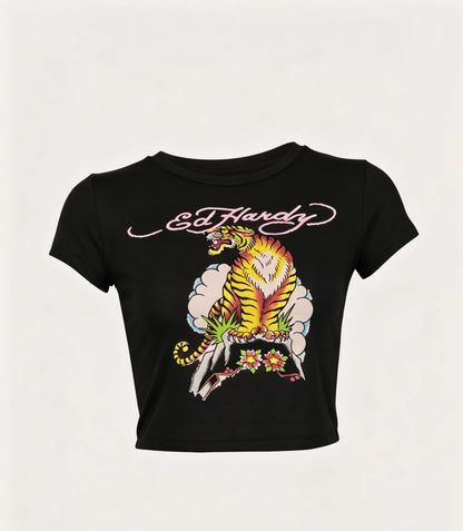 2026 new American retro summer tiger print short sleeved round neck spicy girl top street punk trend niche casual versatile ins