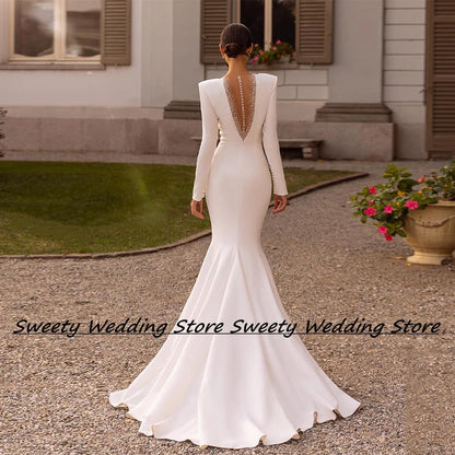 Jiayigong Stretch Jersey Wedding Dresses Customized Long Sleeves Beading Sweep Train Illusion Back Mermaid Bridal Gown