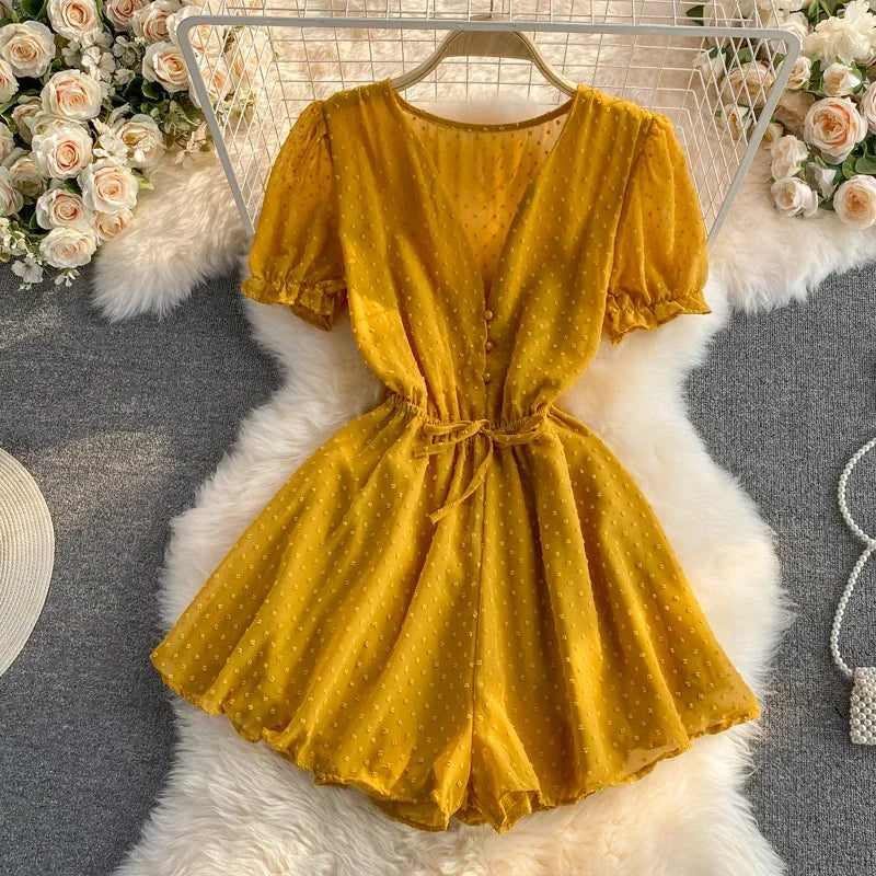 2025 Summer Women Playsuit Polka Dot See Through Thin Beach Rompers Sexy V-neck Short Sleeve Drawstring Sash Slim Waist Overalls