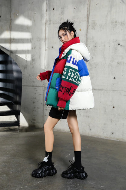 Streetwear Letter Stitching Fashion Down Jacket Women's New Hooded Parka Loose Winter Down Coat Female Thick Casual Warm Clothes