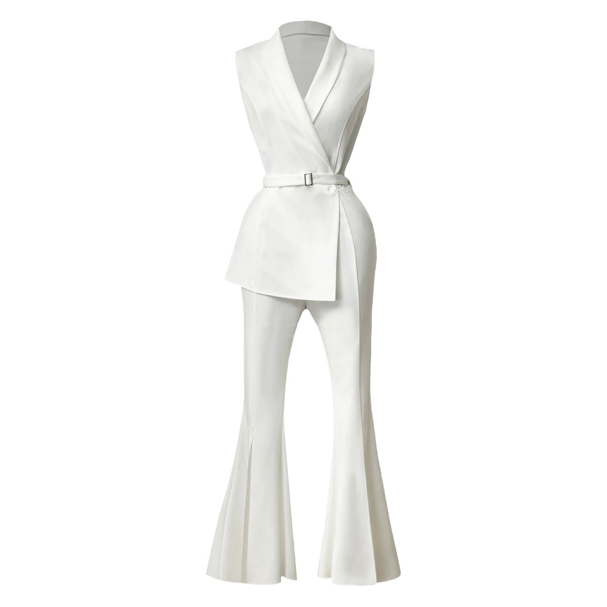 New Women V-neck Sleeveless Work Jumpsuit Elegant Lady Lapel Side Zip Split Flared Rompers Bodysuit for Club Vacation Daily Wear
