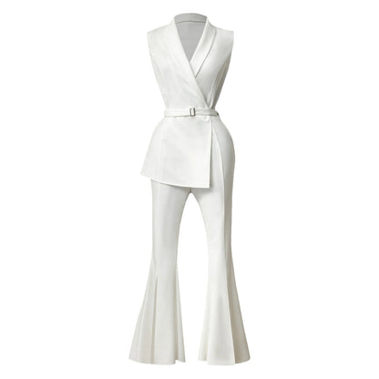New Women V-neck Sleeveless Work Jumpsuit Elegant Lady Lapel Side Zip Split Flared Rompers Bodysuit for Club Vacation Daily Wear