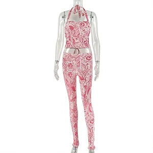 STYLISH LADY Printed Sports 2 Piece Set Women Halter Backless Crop Top and Skinny Pant Suits 2025 Summer Sexy Club Party Outfit
