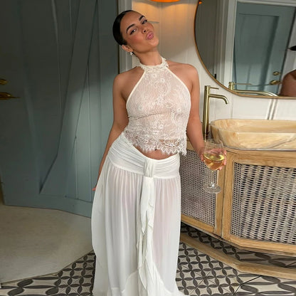 Boho 2 Piece Set Halter Sheer Floral Lace Crop Top Ruched Waist Self Tie High Slit Ruffle 2026 Summer Beach Vacation Women Wear