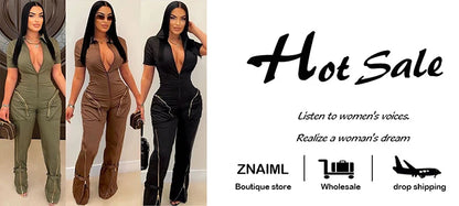 Znaiml Safari Style Short Sleeve Zipper Pocket Jumpsuit Women Fashion Cargo Pants One Piece Overalls Streetwear Playsuit Rompers