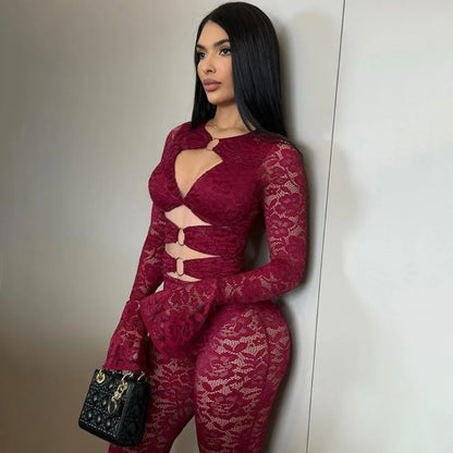 FLARORA Sexy Jacquard Lace Jumpsuits Woman Cutenew Hollow Out Ring Crop Bodycon Jumpsuit Hipster Stretch Midnight Street Overall