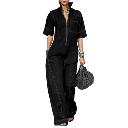 Yeezzi Women Vintage Contrast Stitch Wide Leg Jumpsuits 2026 New Half Sleeves Loose Zipper Pockets Casual Office Ladies Overalls