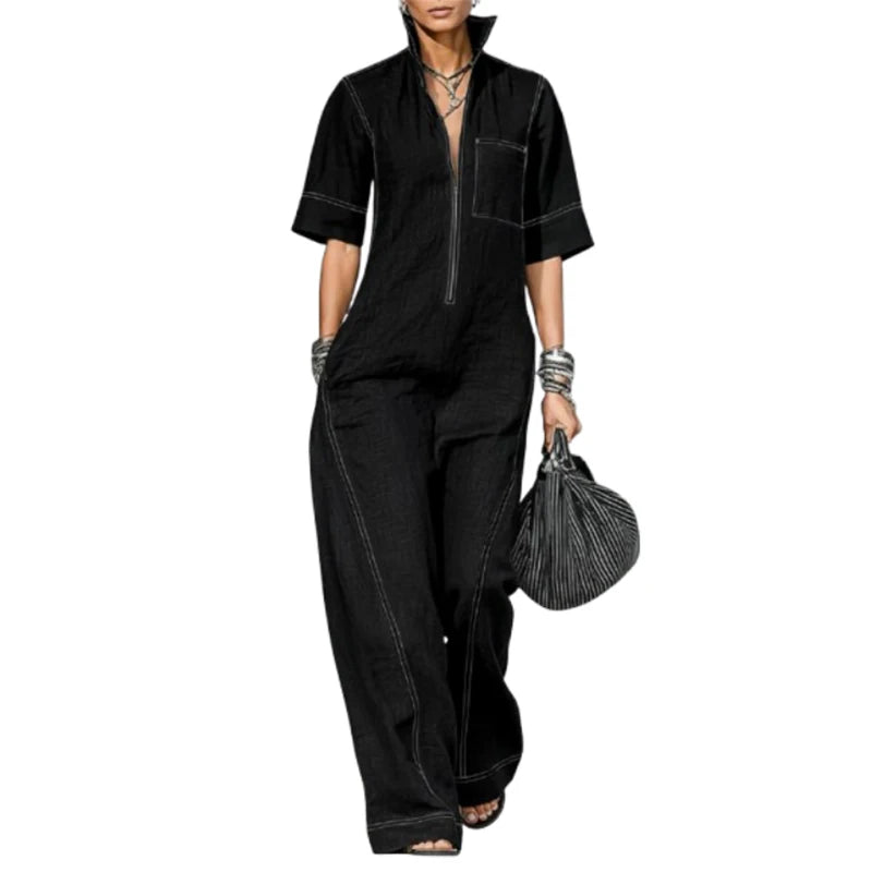 Yeezzi Women Vintage Contrast Stitch Wide Leg Jumpsuits 2026 New Half Sleeves Loose Zipper Pockets Casual Office Ladies Overalls