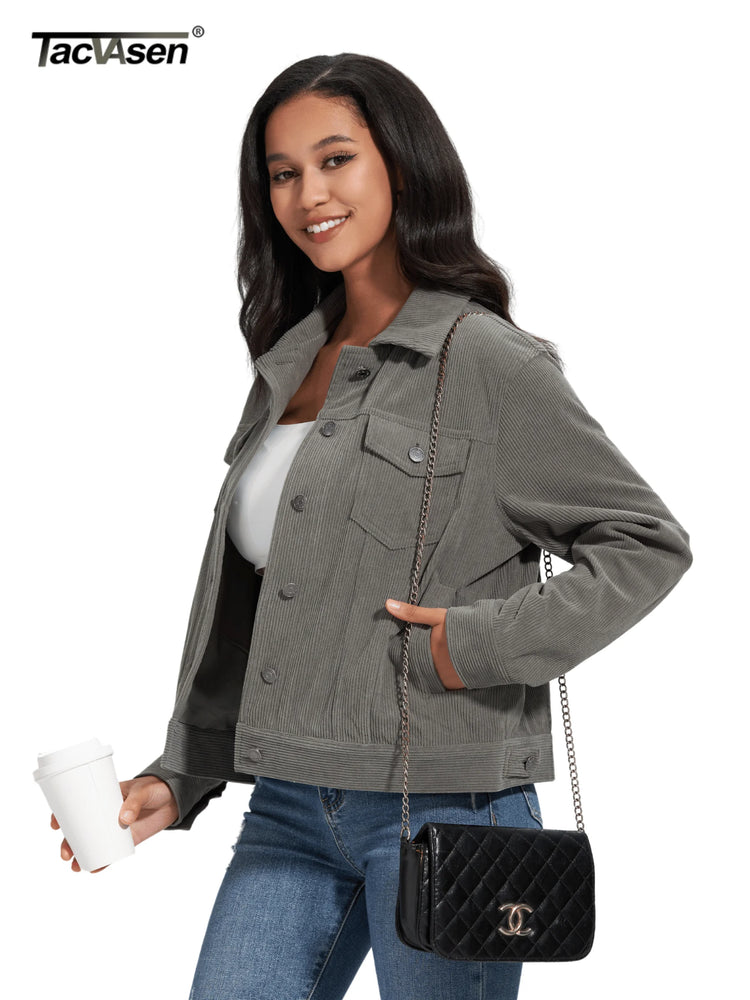 TACVASEN Fashion Corduroy Cargo Jackets Womens Button-Down Soft Warm Casual Outwear Lightweight 4 Pockets Outdoor Workwear Coats