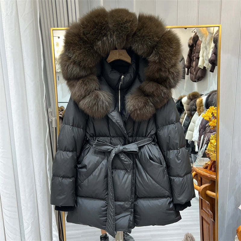 Women Winter Long Down Jacket Genuine Fox Fur Large Collar Hooded Slim Fit Waist Belt Warm Fashion Versatile Casual Winter Coat