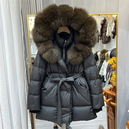 Women Winter Long Down Jacket Genuine Fox Fur Large Collar Hooded Slim Fit Waist Belt Warm Fashion Versatile Casual Winter Coat