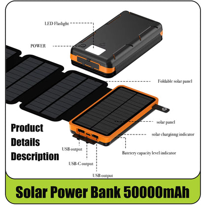 50000mAH Solar Power Bank Folding Solar Panels 5V 2A USB Output Portable Outdoor Camping Sun Power For IPhone Android