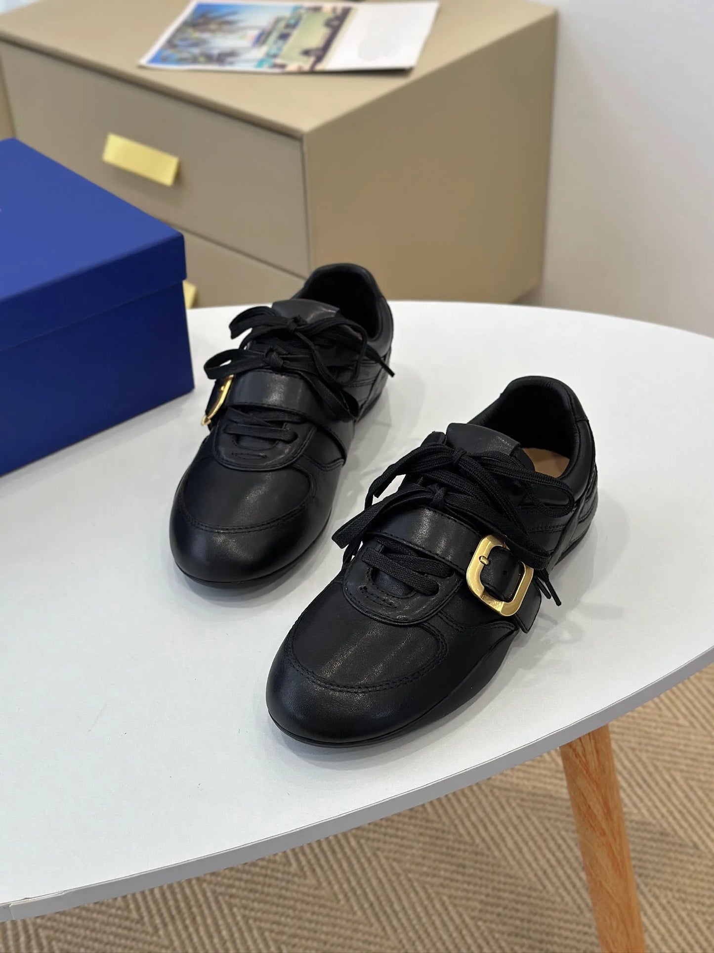 Women Leather Sneakers Gold-tone Buckle Strap