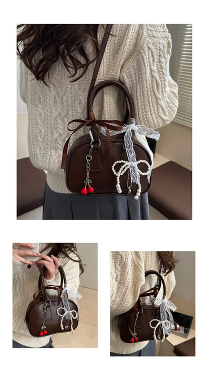 Vintage Leopard Pu Shoulder Bags for Women Portable Trendy Ladies Crossbody Bag Lace Pearl Pendant Female Bowling Handbags