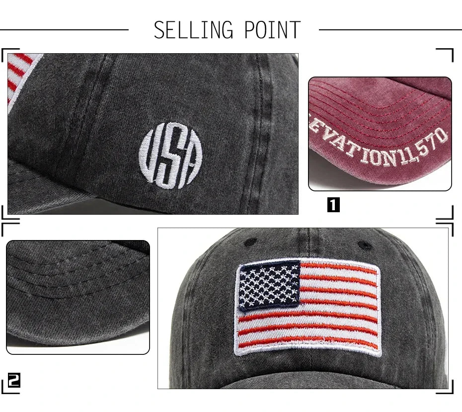 USA Flag Men's Baseball Cap Retro Embroidery Washed Cotton Dad Hats Fashion Women Hip Hop Caps Summer Outdoor Sun Visor Hat