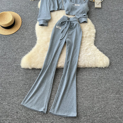 SINGREINY 2026 Autumn Sporty Suits Ladies Full Sleeves Hoodies+Sling Mini Camis+Drawstring Long Pants Casual Three Pieces Sets