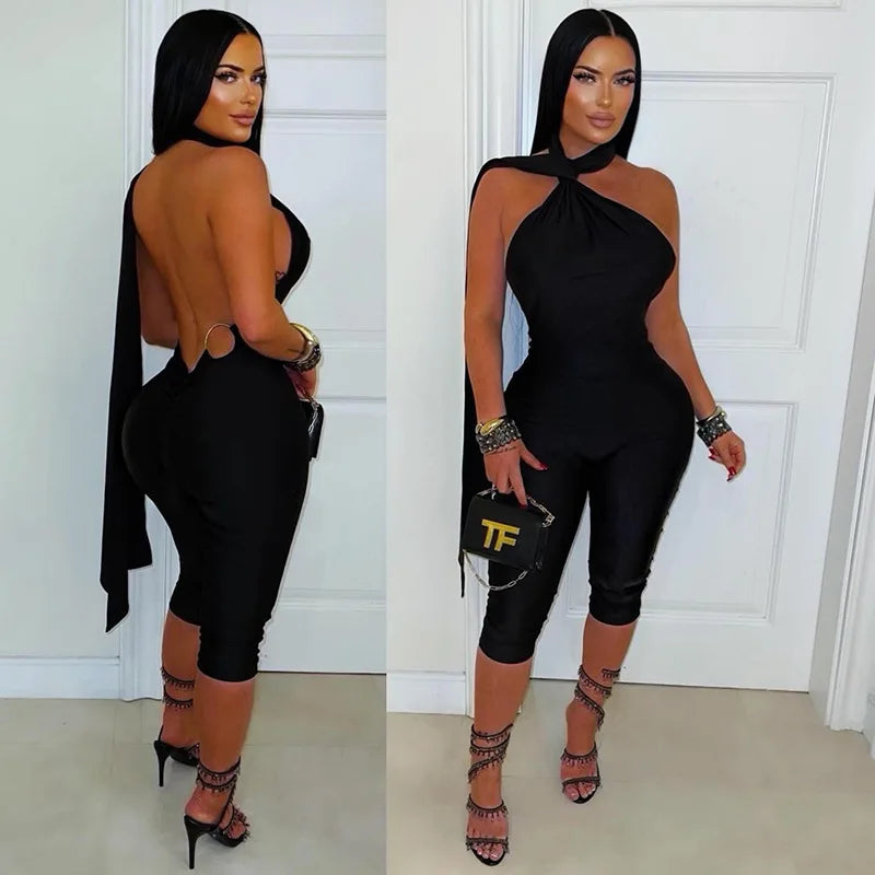 FAGADOER Sexy Halter Bandage Backless Jumpsuits Women Hip Ruched Skinny Rompers Overalls Party Slim Party Nightclub Playsuits