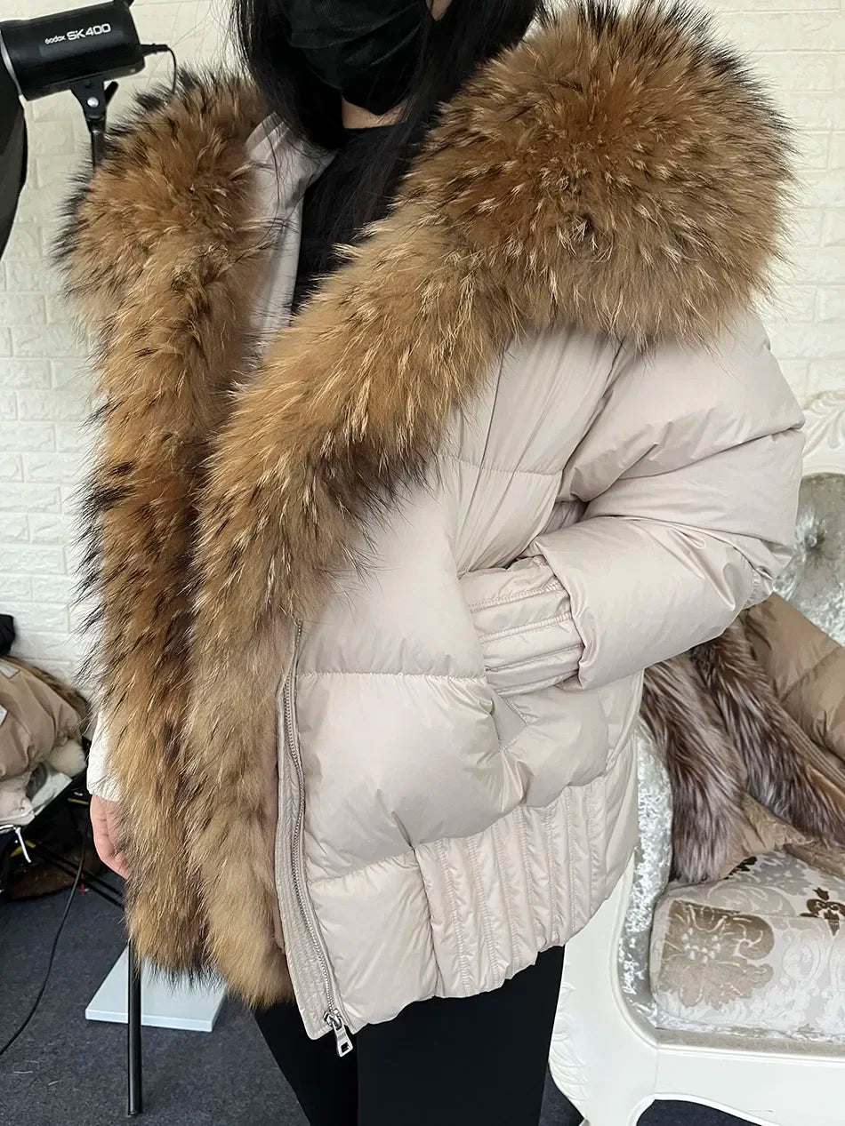 MMK 2023 Winter Women Warm White Duck Down Jacket Natural Real Fox Fur Collar Hood Puffer Coat Thick Luxury Outerwear