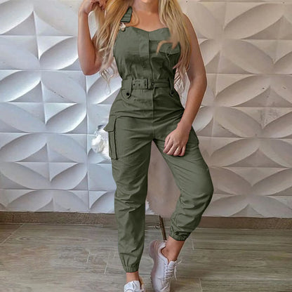 Women'S Large Size Cargo Romper Fashion Trend High Waist Clasp Pocket Jumpsuits Simple Solid Comfy Fitting Strap Jumpsuit 5xl