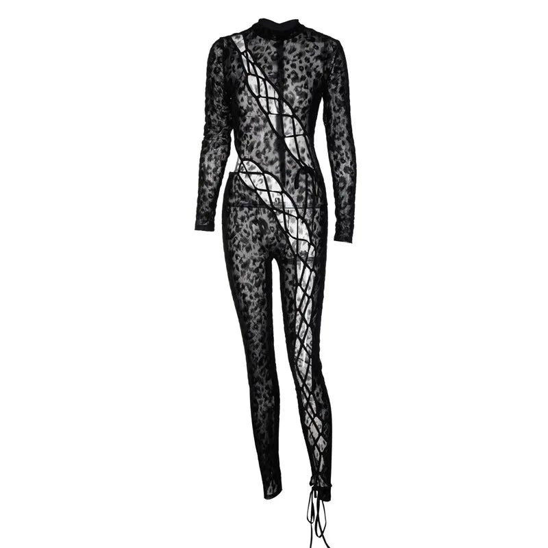 Sexy Women Clothes Leopard Flocked Mesh Jumpsuit Long Sleeve Criss‑Cross Lace‑Up Cut‑out See‑Through Night Club Party Bodysuit