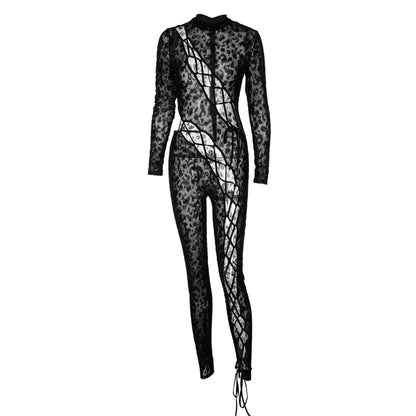 Sexy Women Clothes Leopard Flocked Mesh Jumpsuit Long Sleeve Criss‑Cross Lace‑Up Cut‑out See‑Through Night Club Party Bodysuit