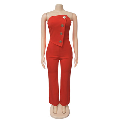 Sexy Backless Strapless Jumpsuit Summer Women Fashion Solid Button Sleeveless Slim Fit Wrap Hip Jumpsuits Elegant Office Romper