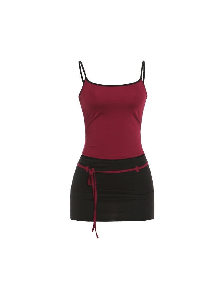 Kliou Contrast Patchwork 2 Piece Set Woman Summer Trend Low-Neck Backless Camisole Tops+Bandage Tassel Mini Skirt Y2K Style Suit