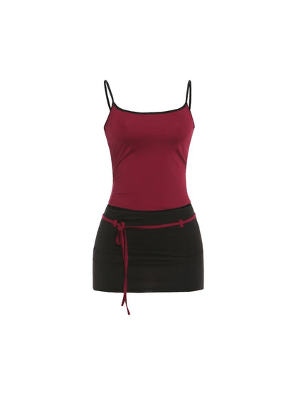 Kliou Contrast Patchwork 2 Piece Set Woman Summer Trend Low-Neck Backless Camisole Tops+Bandage Tassel Mini Skirt Y2K Style Suit