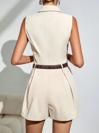 Jumpsuits Women Summer Rompers One Piece Wide Leg Shorts Sleeveless Turn Down Collar 2025 Office Lady Overalls Short Pants