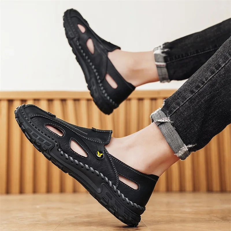 Men Sandals New Hollow Leather Casual Comfortable Trendy Beach Shoes Outdoor Walking Non Slip Bag Toe Walking Shoes for Men