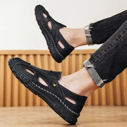Men Sandals New Hollow Leather Casual Comfortable Trendy Beach Shoes Outdoor Walking Non Slip Bag Toe Walking Shoes for Men