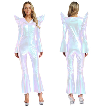 Women Vintage One Piece 70s Disco Dance Rompers Sleeveless Metallic Bell Bottom Flared Pants Jumpsuit for Retro Party Jazz Dance