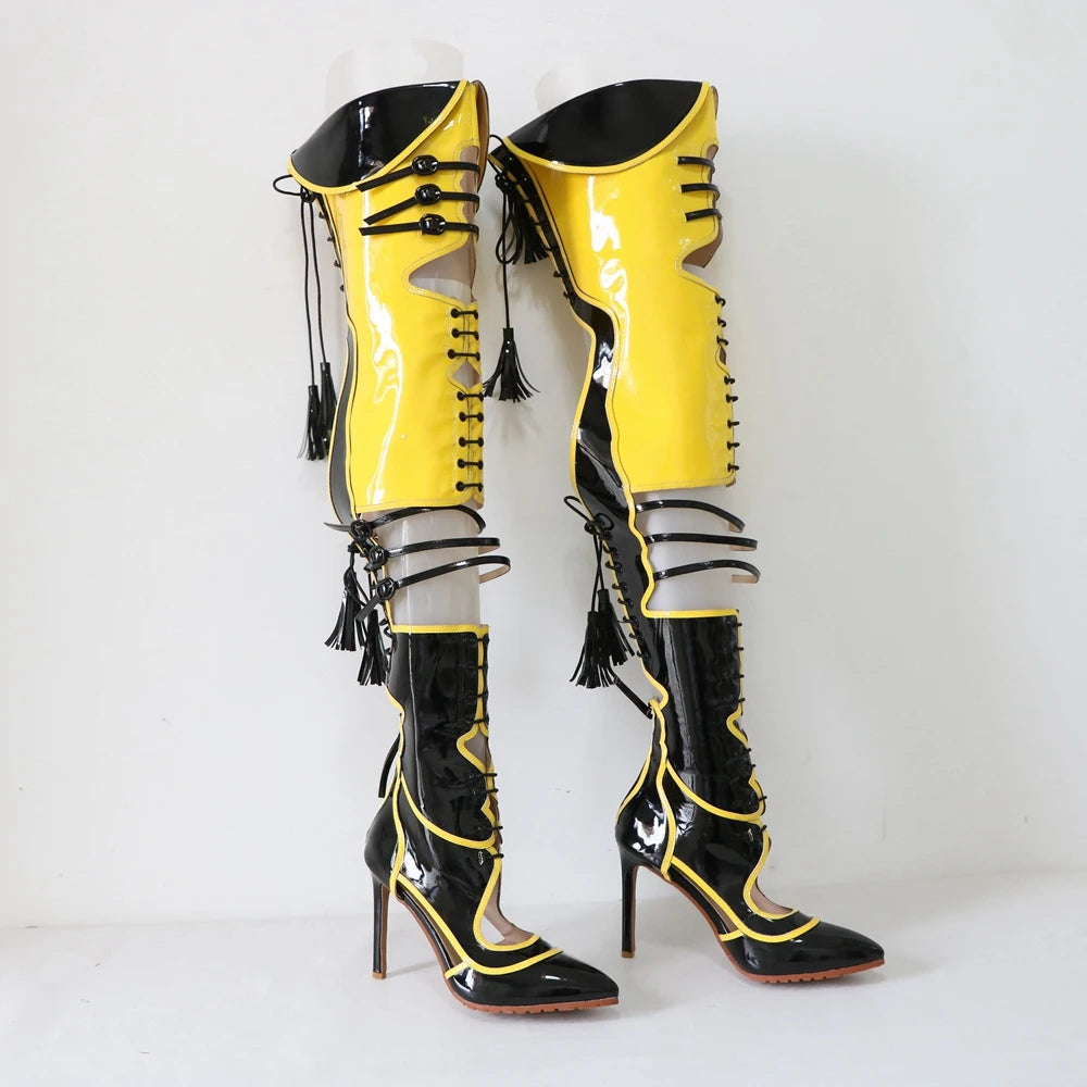 Sorbern Sexy Yellow Black Boots Women Over The Knee Lace Up Back Contrast Colors Pointed Toe Stilettos High Heels Custom Legs