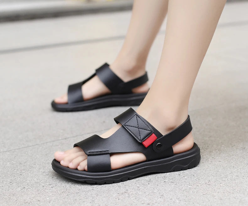 Mens Leather Slippers Comfortable Breathable Summer Big Size Sandals for Men with Soft Sole