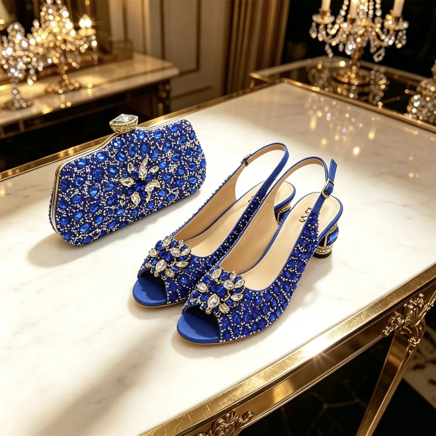 Women's Royal Blue Rhinestone Slingback Heels with Matching Clutch Bag Set Low Heel 3CM for Wedding Bridesmaid Evening Party