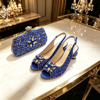Women's Royal Blue Rhinestone Slingback Heels with Matching Clutch Bag Set Low Heel 3CM for Wedding Bridesmaid Evening Party
