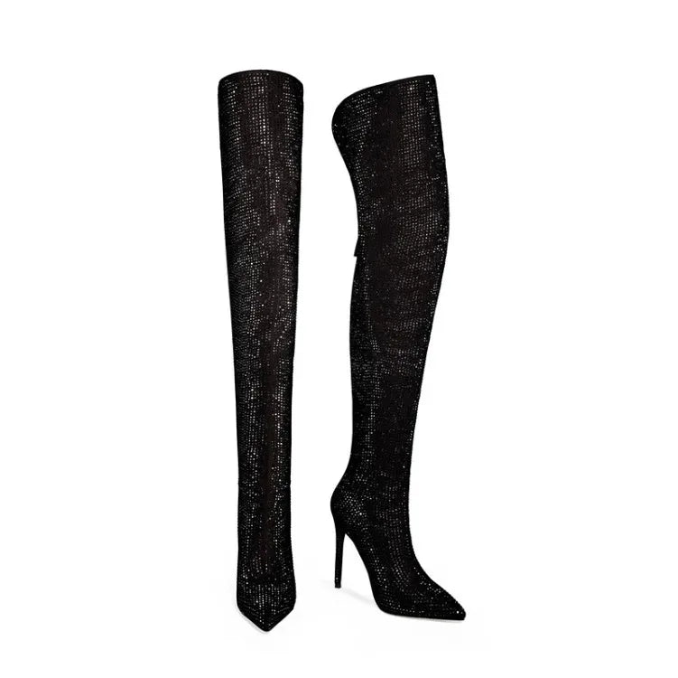 Silver Black Rhinestone 12cm High Heel Long Boots New Fashion Show Shiny Diamond Pointed Women's Over The Knee Boots Size 34-46