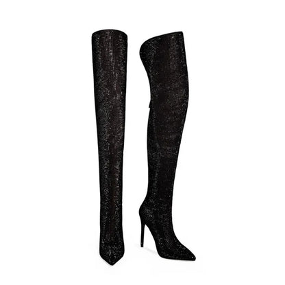 Silver Black Rhinestone 12cm High Heel Long Boots New Fashion Show Shiny Diamond Pointed Women's Over The Knee Boots Size 34-46