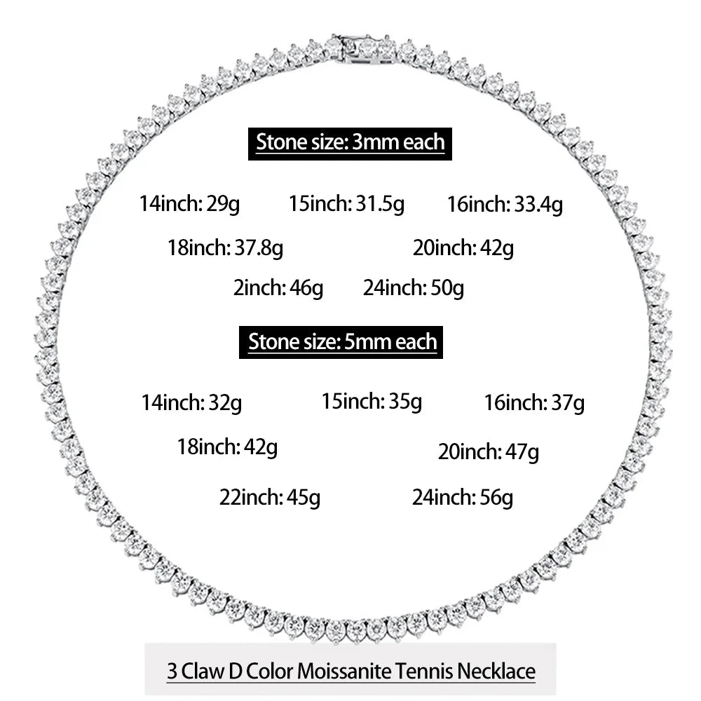 Serenity 3 Claw D Color Moissanite Tennis Necklace for Women Men 100% S925 Sterling Silver Lab Diamond Luxury Neck Chain Jewelry