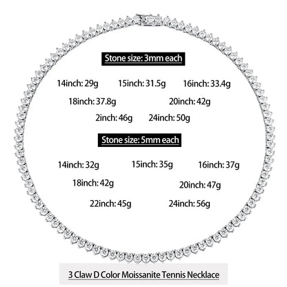 Serenity 3 Claw D Color Moissanite Tennis Necklace for Women Men 100% S925 Sterling Silver Lab Diamond Luxury Neck Chain Jewelry