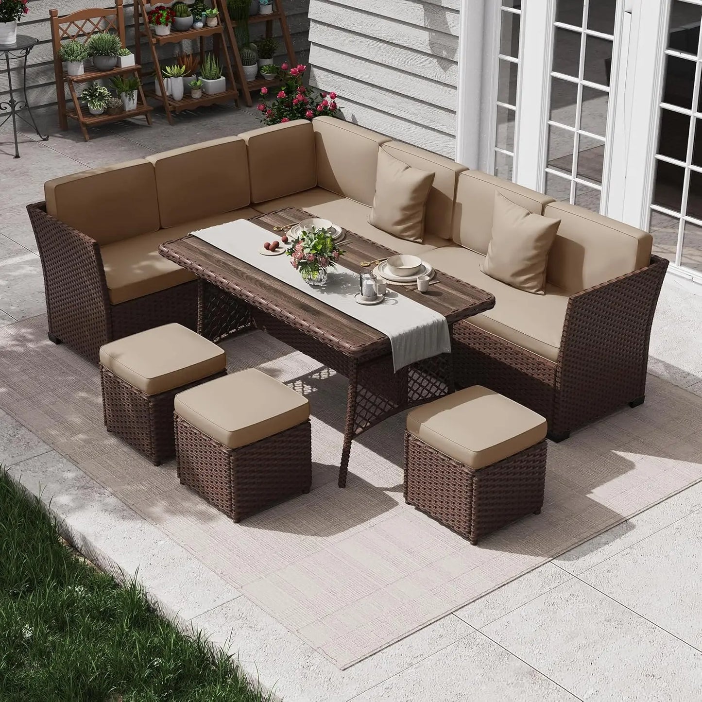 7 Piece Patio Furniture Set, Outdoor PE Wicker Rattan Outdoor Dining Set, Patio Table and Chairs Set, Patio, Customized