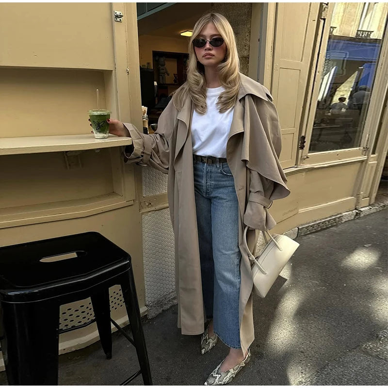 Women Black Long Solid Color Trench Coat Stand Collar Loose Drop Shoulder Single-breasted Windbreaker Lady Commute Outing Wear