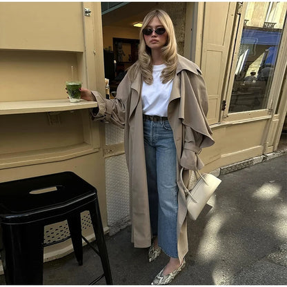 Women Black Long Solid Color Trench Coat Stand Collar Loose Drop Shoulder Single-breasted Windbreaker Lady Commute Outing Wear