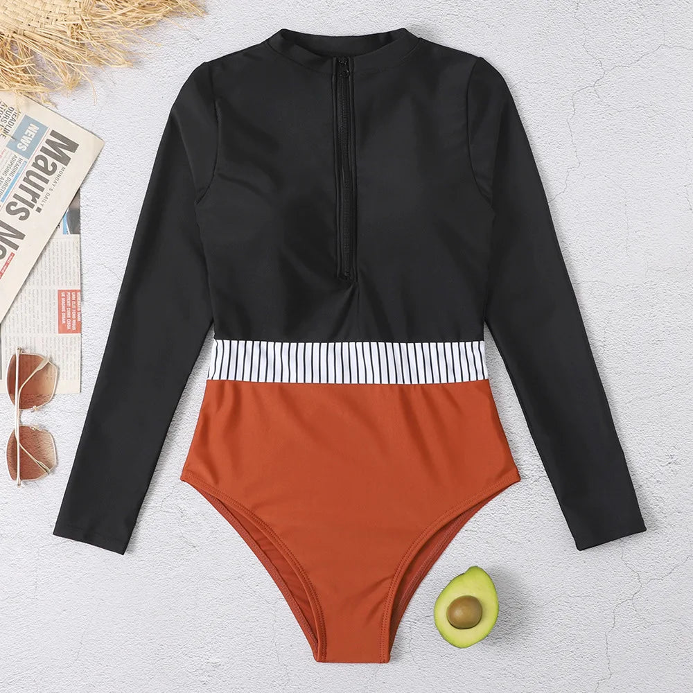 2026 Surfing Sport Swimsuit Long Sleeves Women One Piece Swimsuit  Swimwear Solid Monokini Bathing Suit Tropical Bodysuit Female