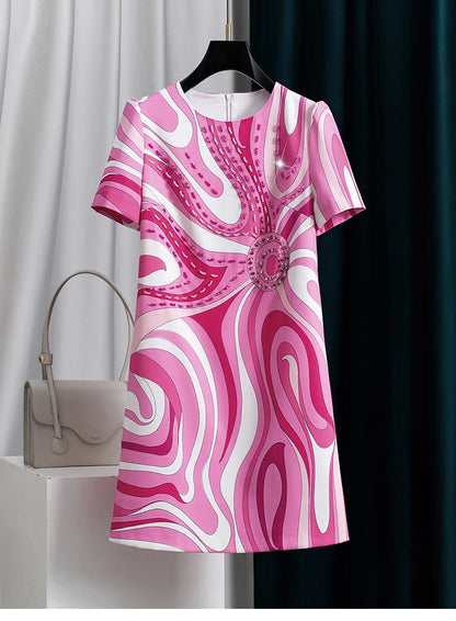 Women Pink Printed Beaded Dress Short Sleeve Round Neck a Line Elegant Summer Fashion Luxury Party Embroidered Chic Midi Dress