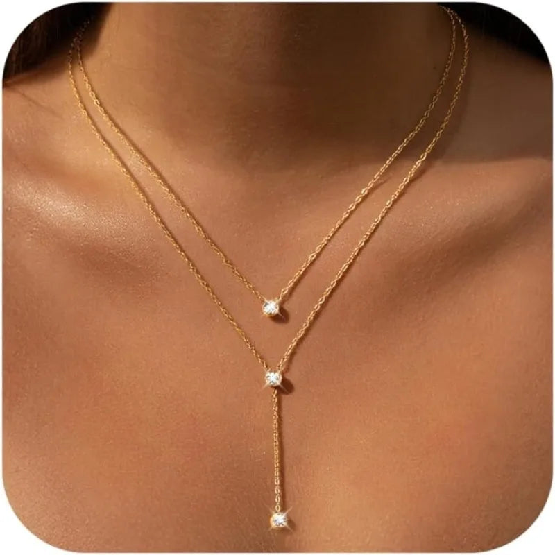 18k Gold Layered Stainless Steel Lariat Long Choker Statement Diamond Heart Pendant Necklaces for Womoen Body Chain Jewelry